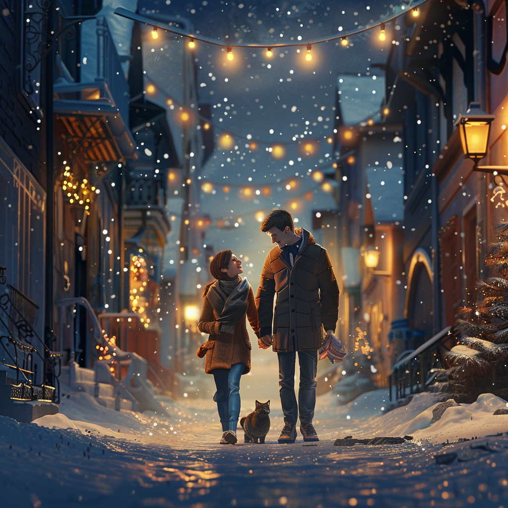 Couple walking with cat on snowy Christmas night.