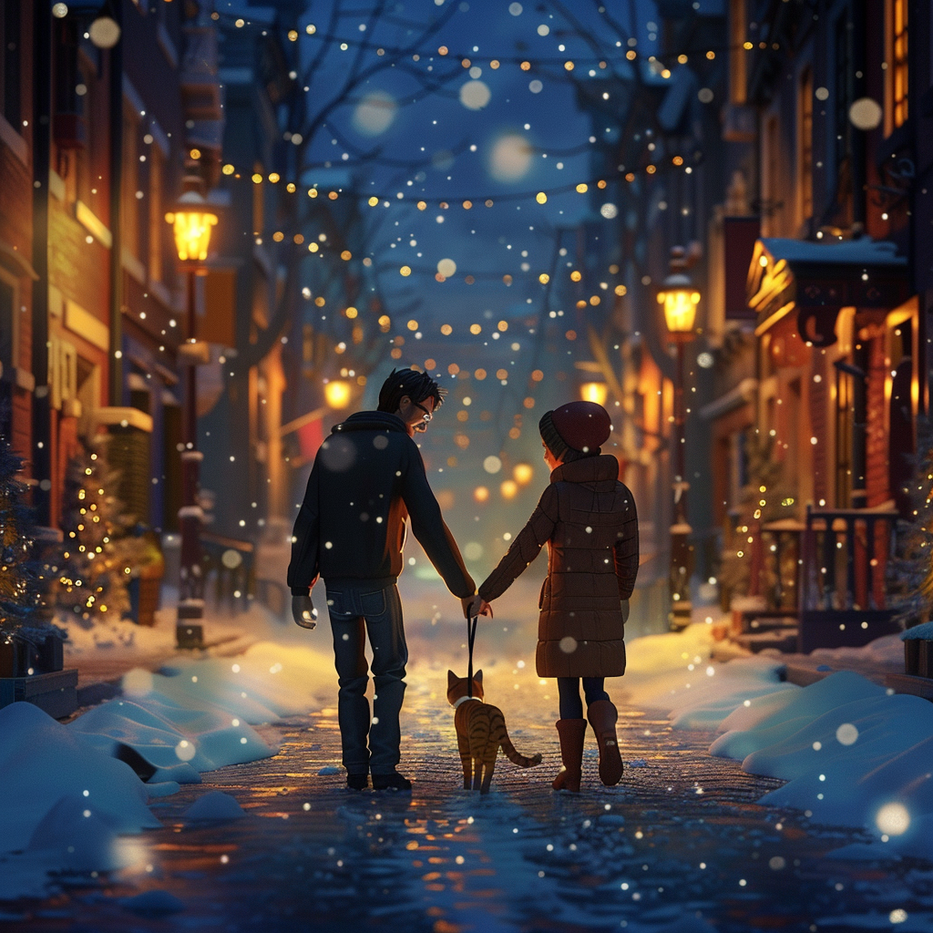 Couple walks with tabby cat on snowy street.