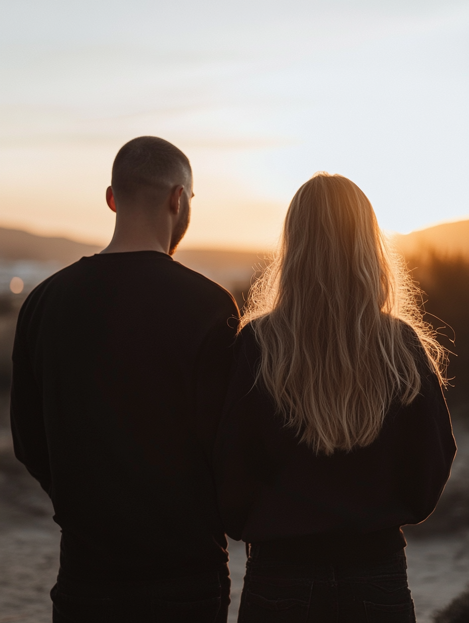 Couple with buzz cut and long hair at sunset.