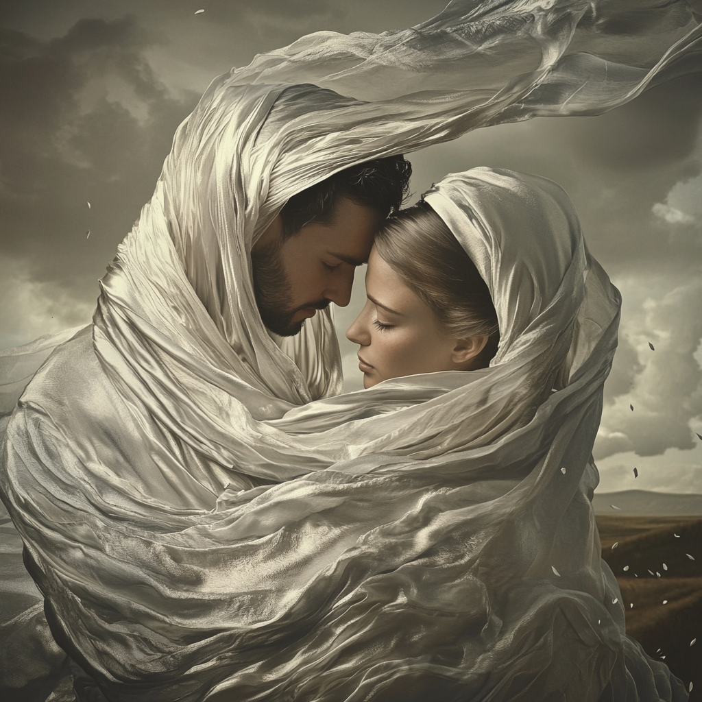 Couple wrapped in silver fabric, serene expressions, dreamlike atmosphere