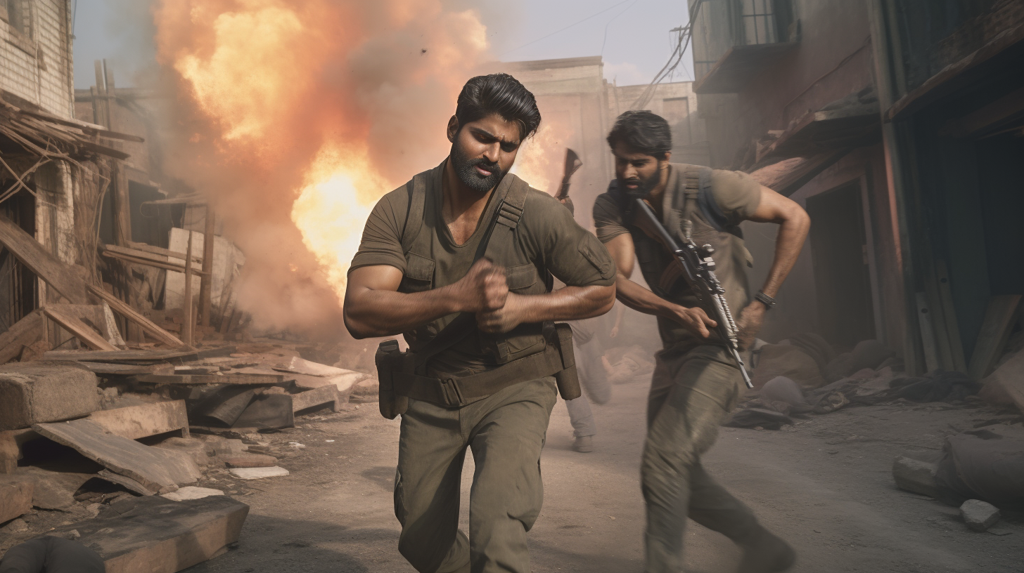 Courageous South Indian men in intense action scene.