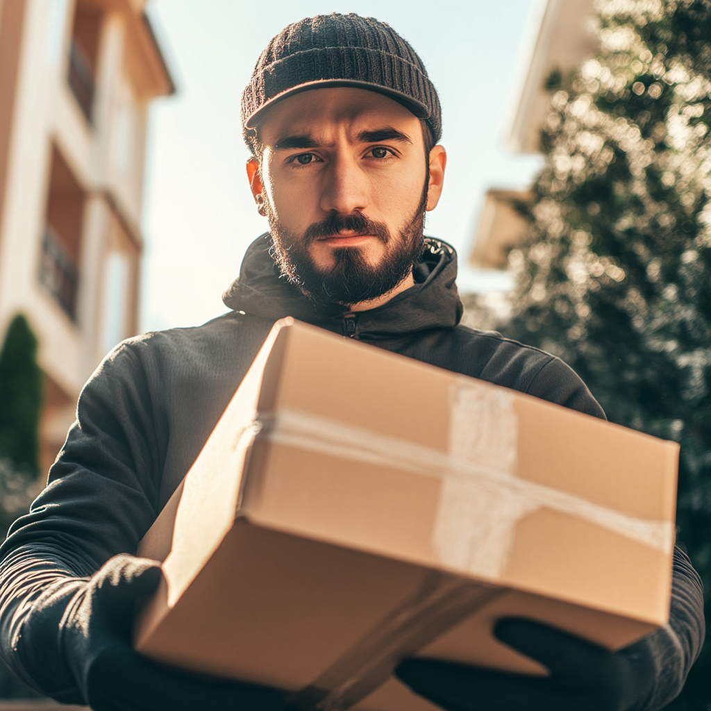 Courier Delivery Guy Rings Doorbell with Brown Box Package