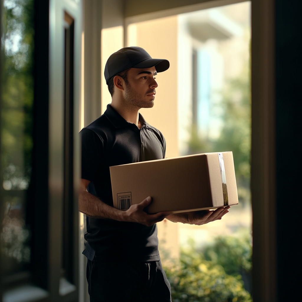 Courier Delivery Guy Rings Doorbell with Package 