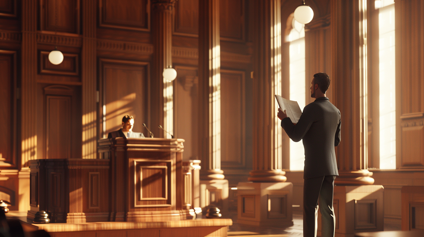 Courtroom scene with educator practicing public speaking confidently.