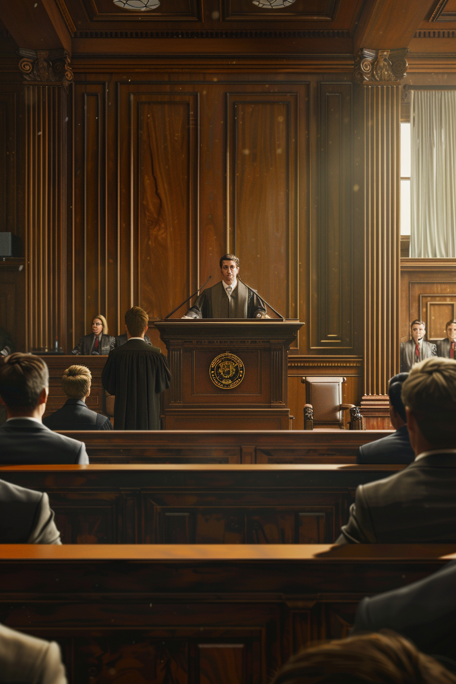 Courtroom with educator practicing speech, judge in background.