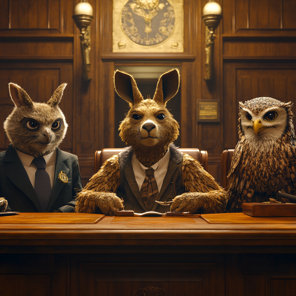 Courtroom with kangaroo judge, lawyer, scruffy owl defendant. Human prosecutor.