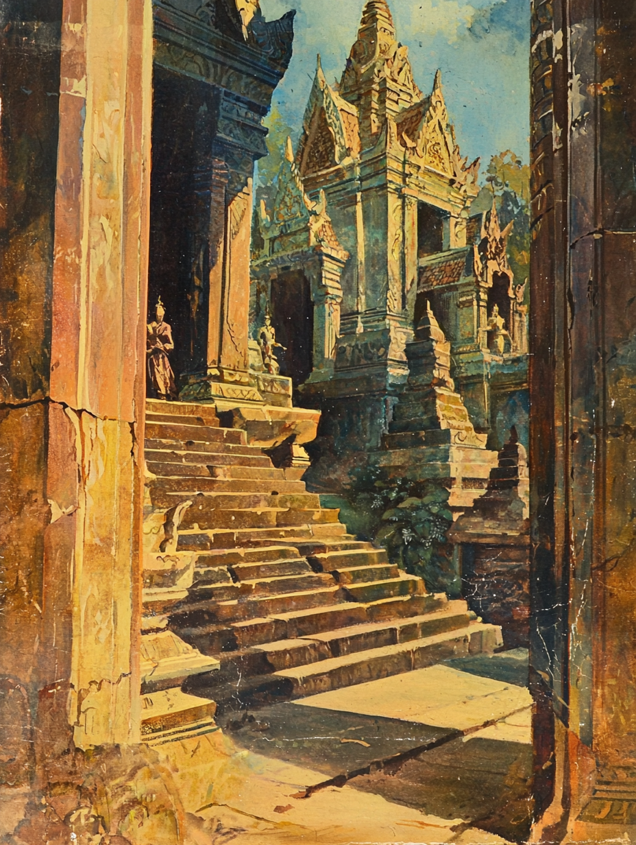 Cover design with Thai architecture, mystery theme, realistic style.