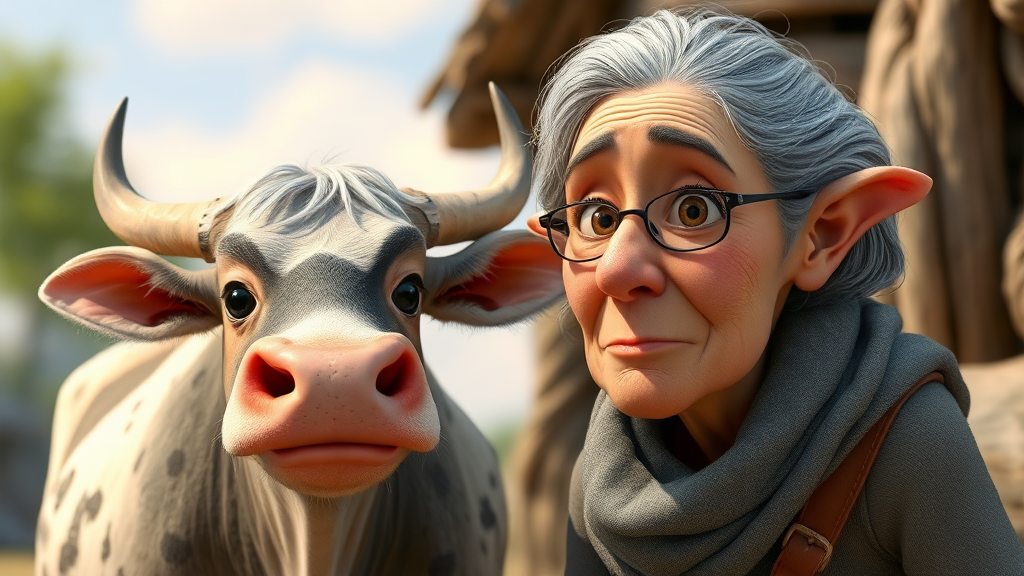 Cow and old woman in Pixar-style drawing.