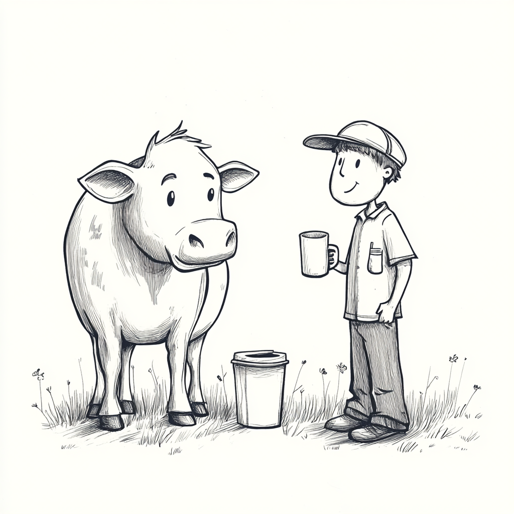 Cow chatting with coffee-drinking farmer in comic drawing