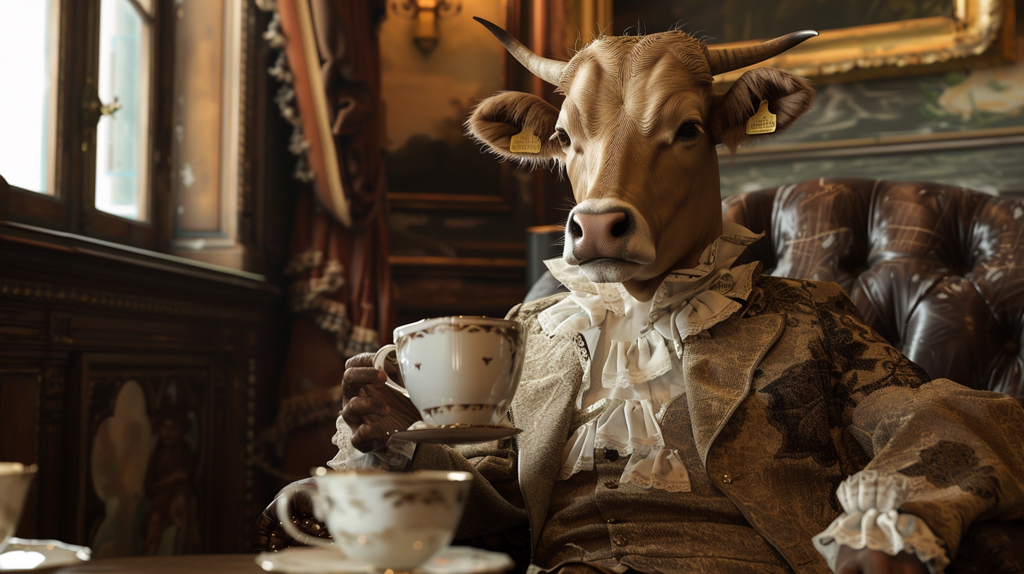 Cow in three-piece suit drinking coffee in elegant room.