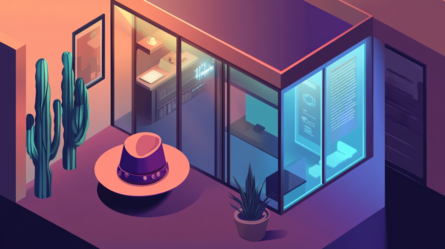 Cowboy hat booth at tech convention with isometric lines.