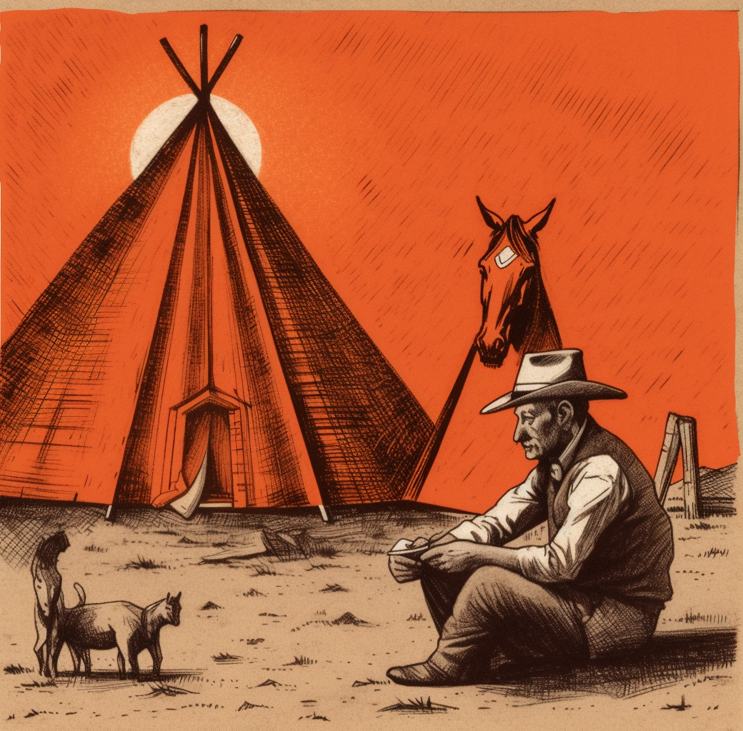 Cowboy resting near horse in front of colorful design.