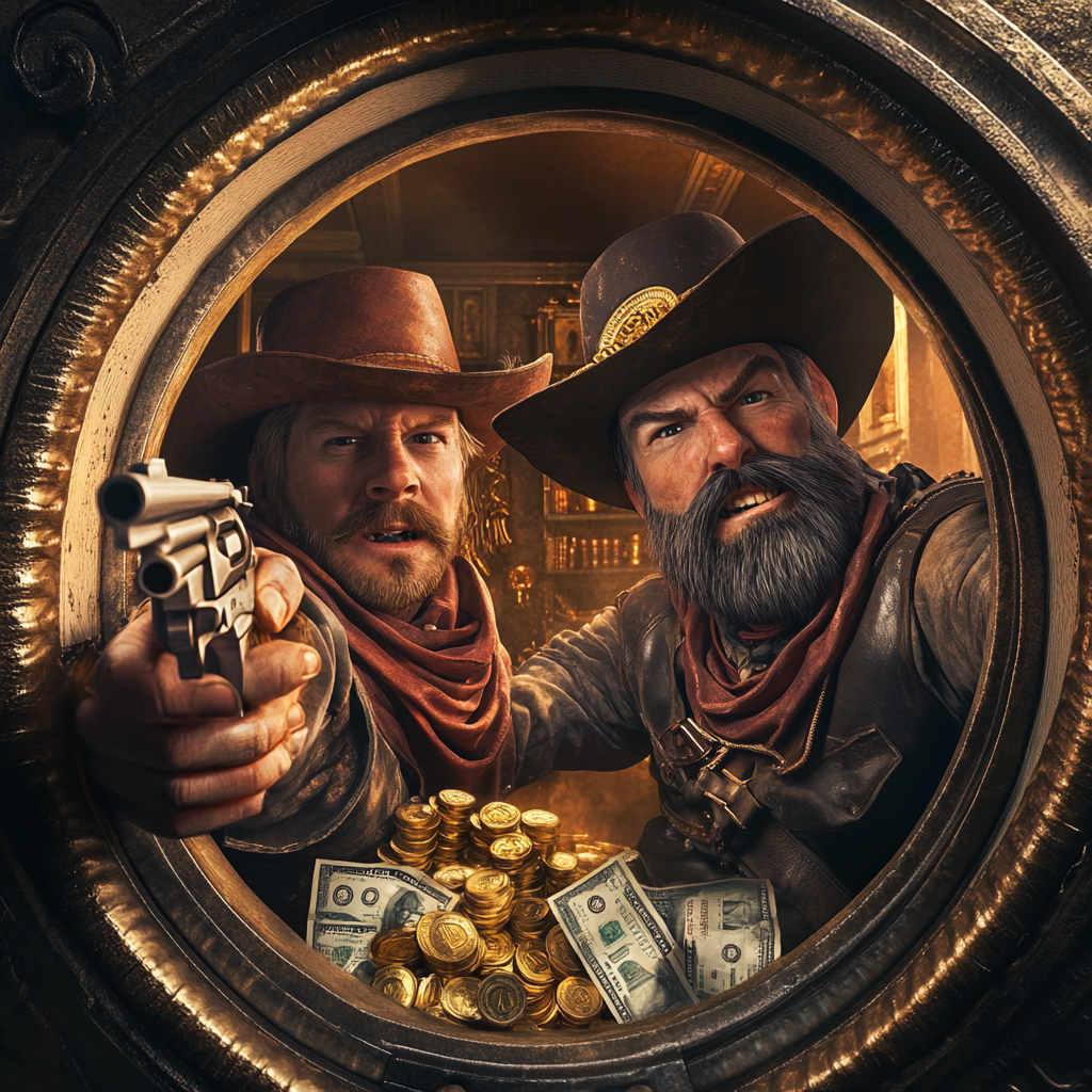 Cowboys robbing vault holding gold bars and cash.