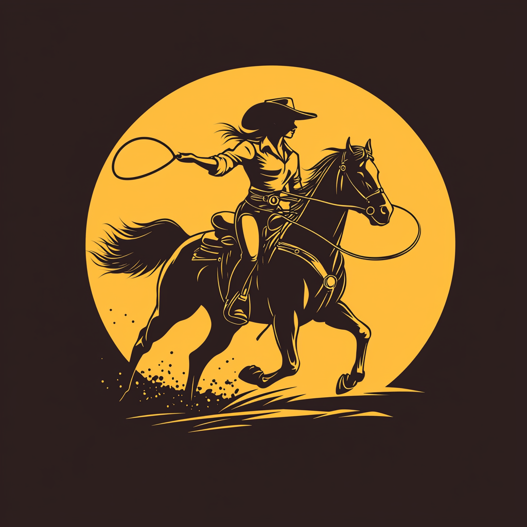 Cowgirl on horseback throwing lasso for western brand logo.