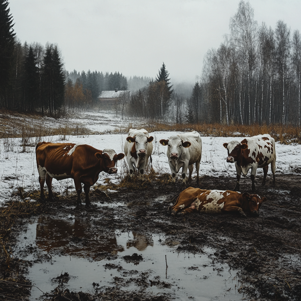 Cows resting and grazing in snowy forest field