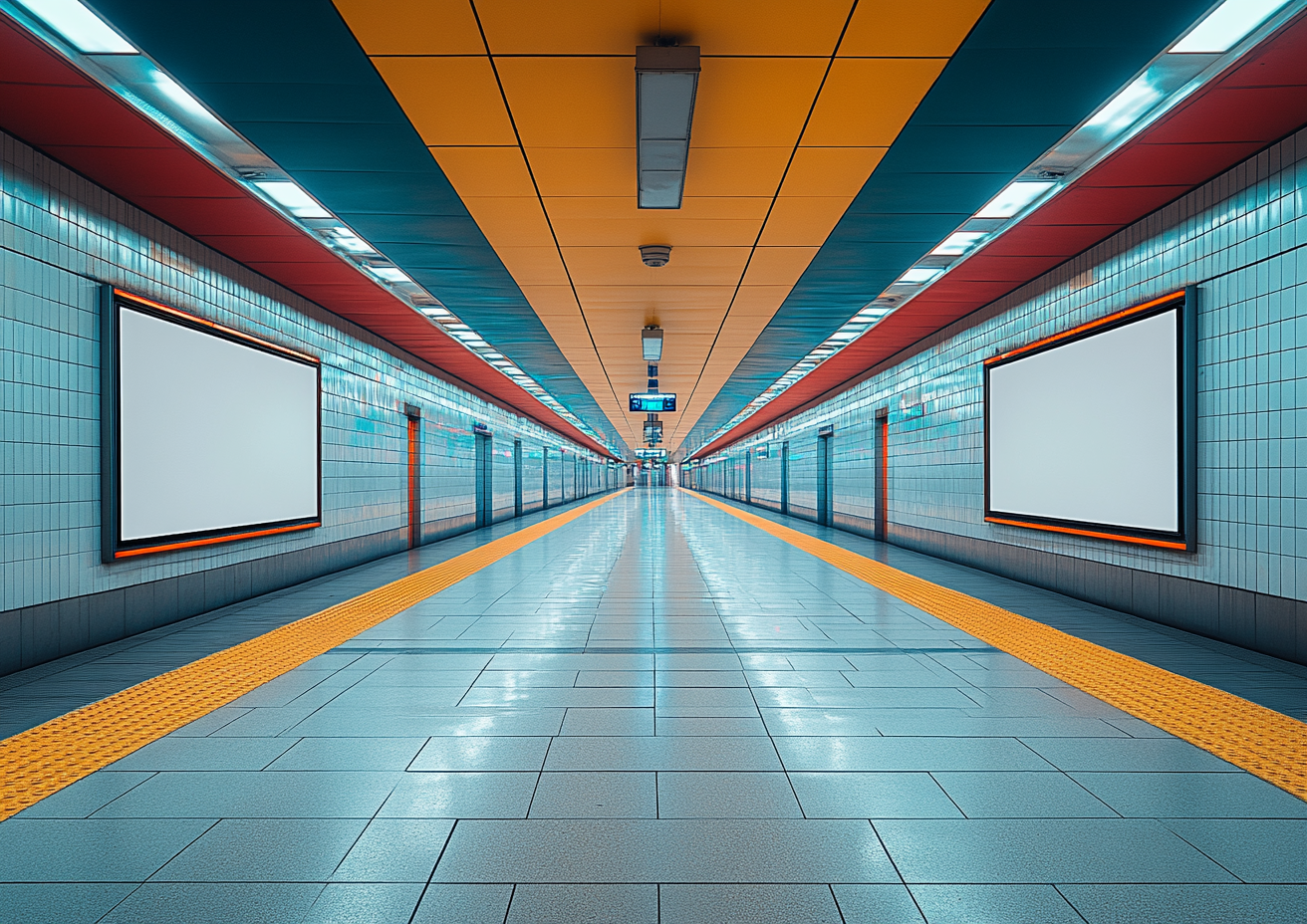 Cozy, clean underground station with big white board.