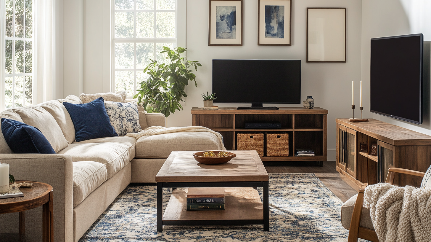 Cozy, inviting living room with stylish color scheme.