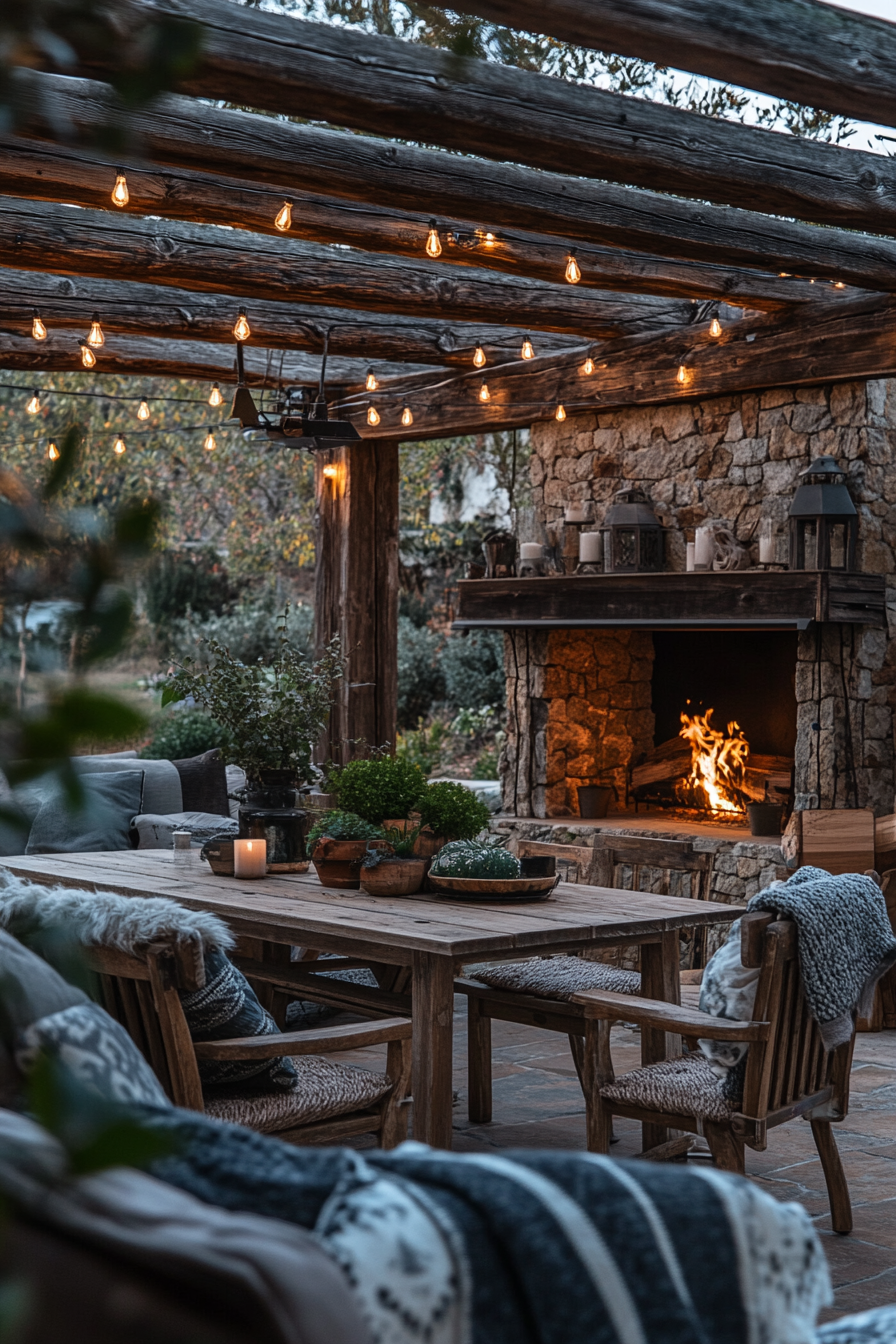 Cozy, rustic patio with reclaimed wood furniture.