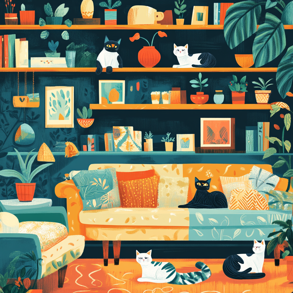 Cozy, vibrant living space with playful, elegant cats.