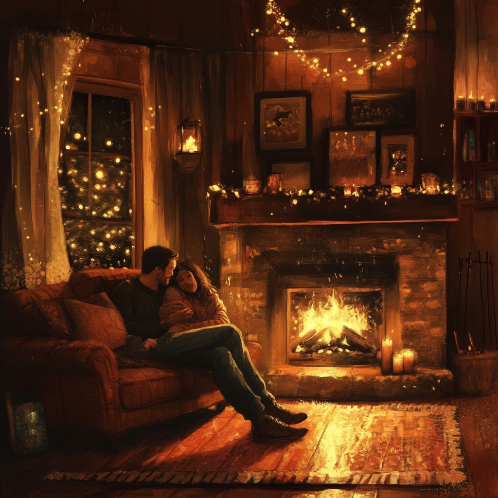 Cozy Album Cover: Couple by Fireplace, Warm Tones