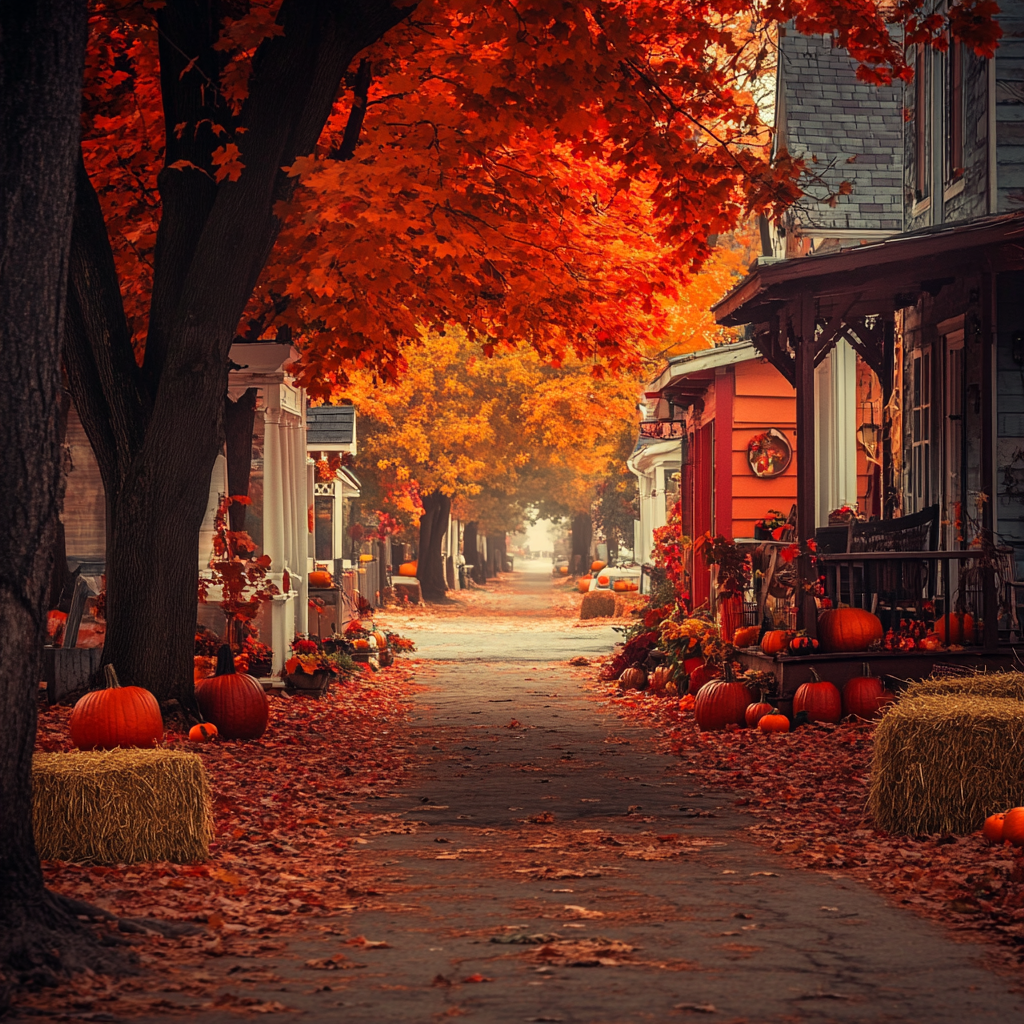 Cozy Autumn Town Street Scene with Glowing Trees