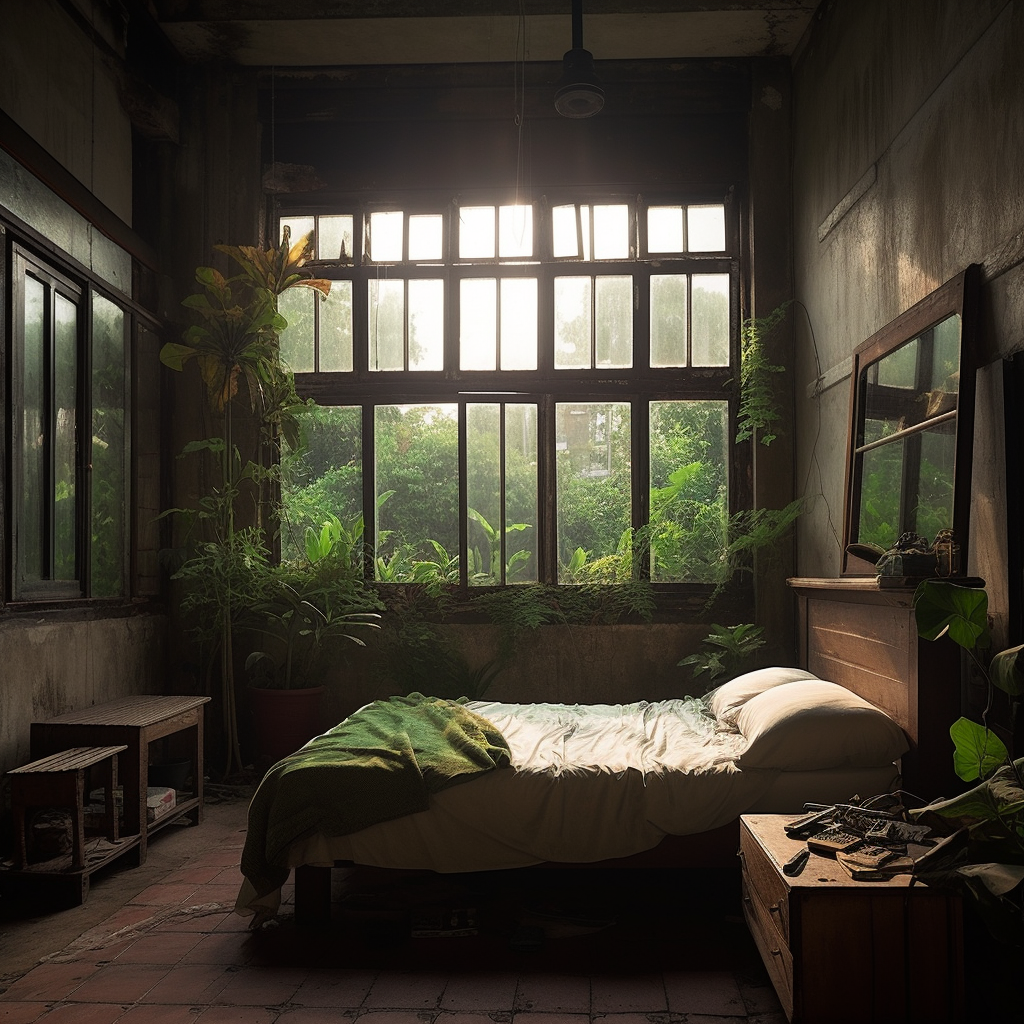 Cozy Bedroom in Ancient Industrial Jungle City