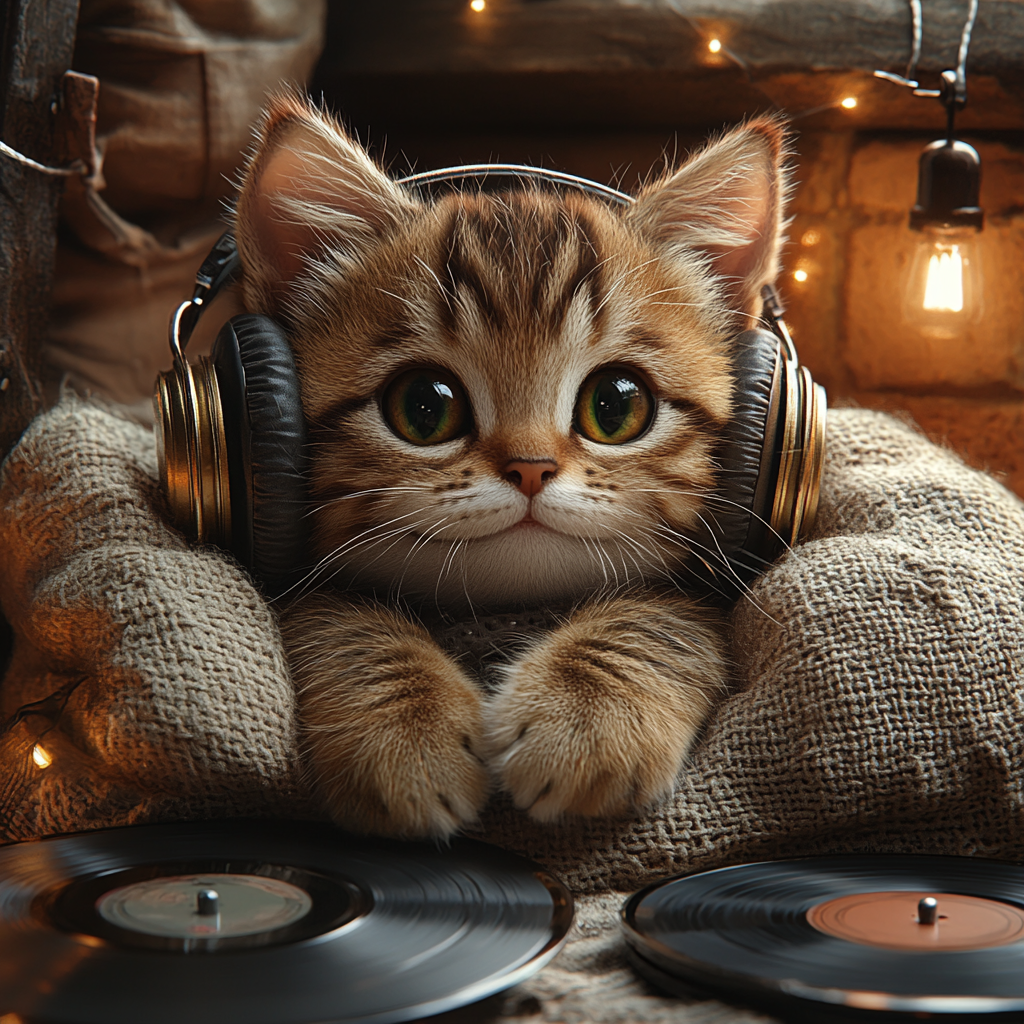 Cozy Cat in Headphones surrounded by Vinyl Records, 3D Cartoon Style