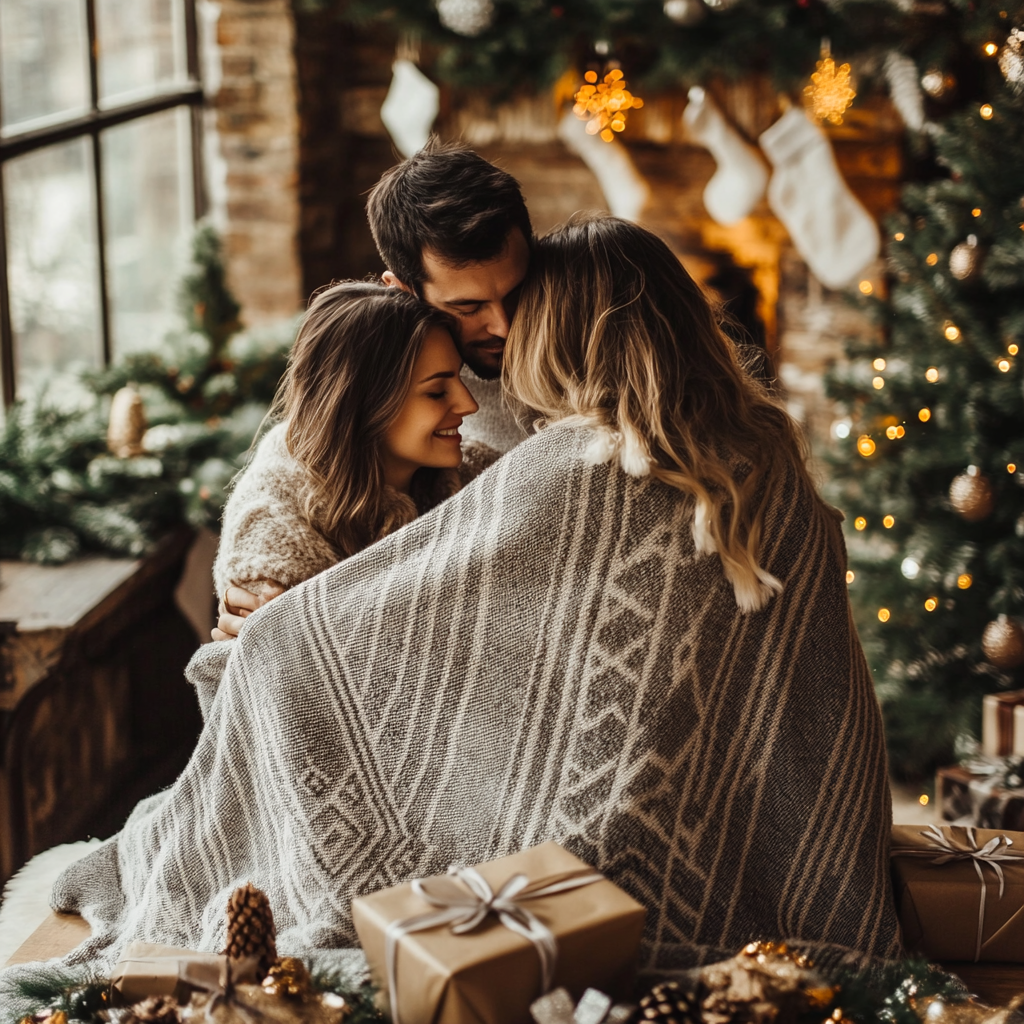 Cozy Christmas Couple Wrapped in Grey Plaid Blanket