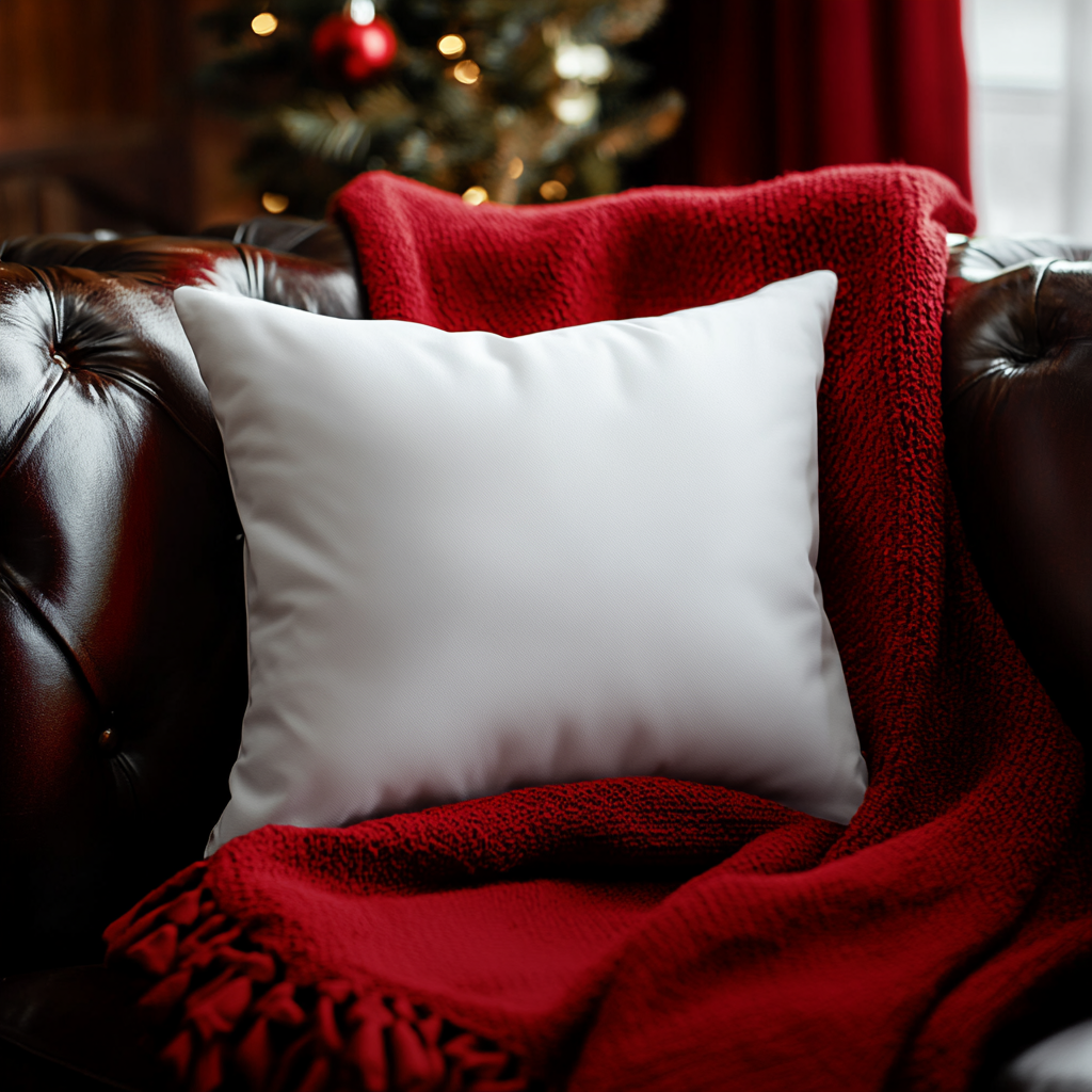 Cozy Christmas Pillow on Dark Leather Couch