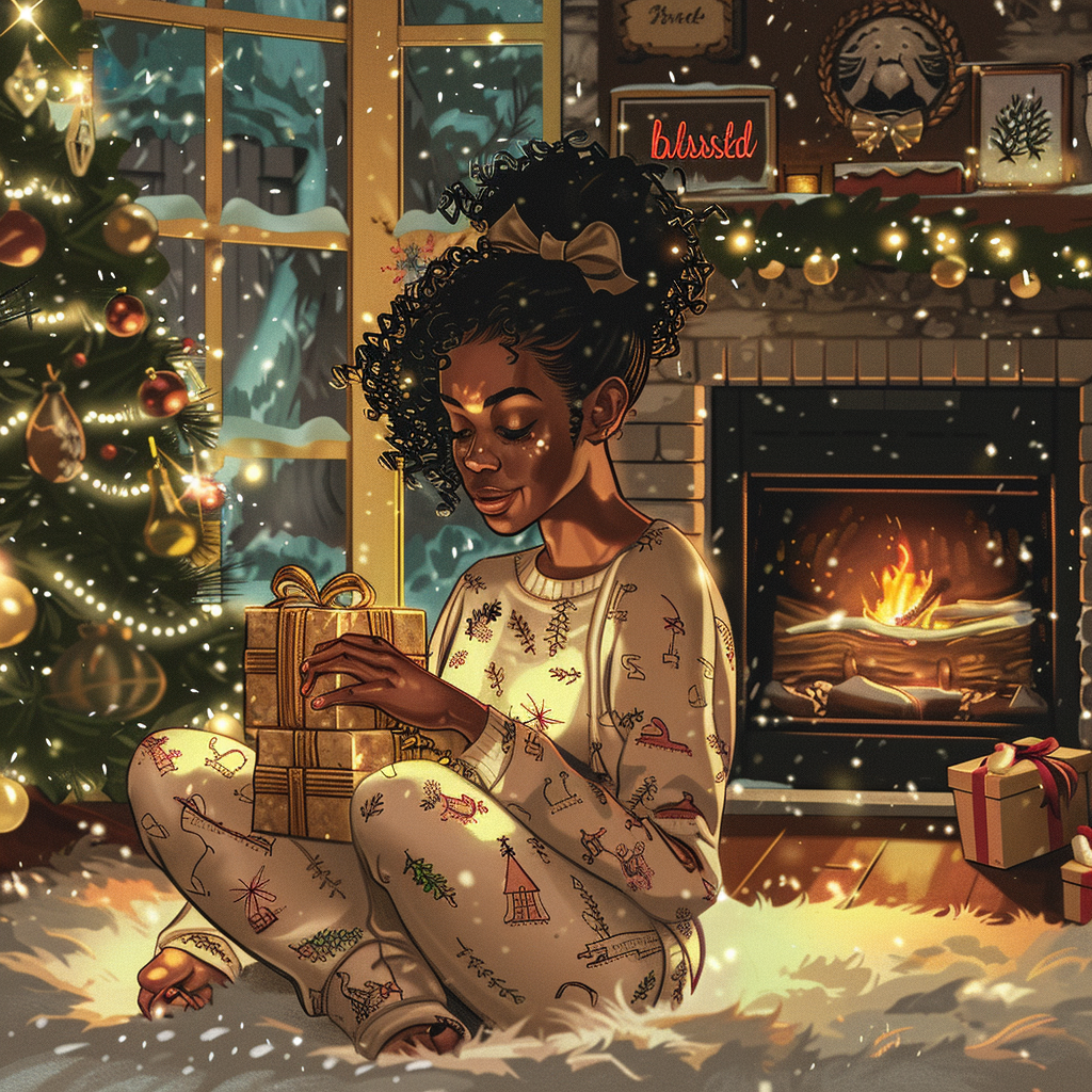 Cozy Christmas Scene with Blessed African American Woman