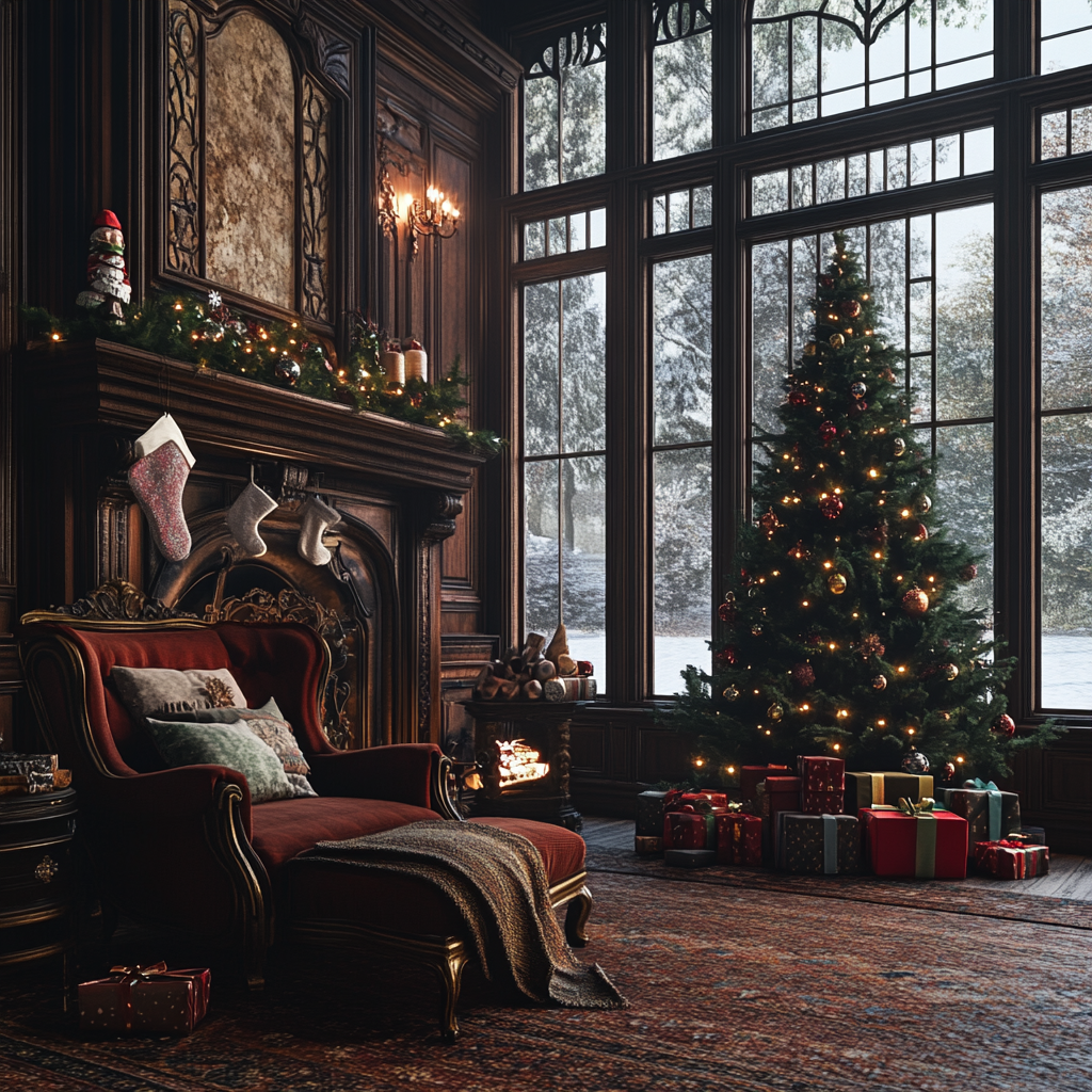 Cozy Christmas scene with Victorian furniture and snowy streets.