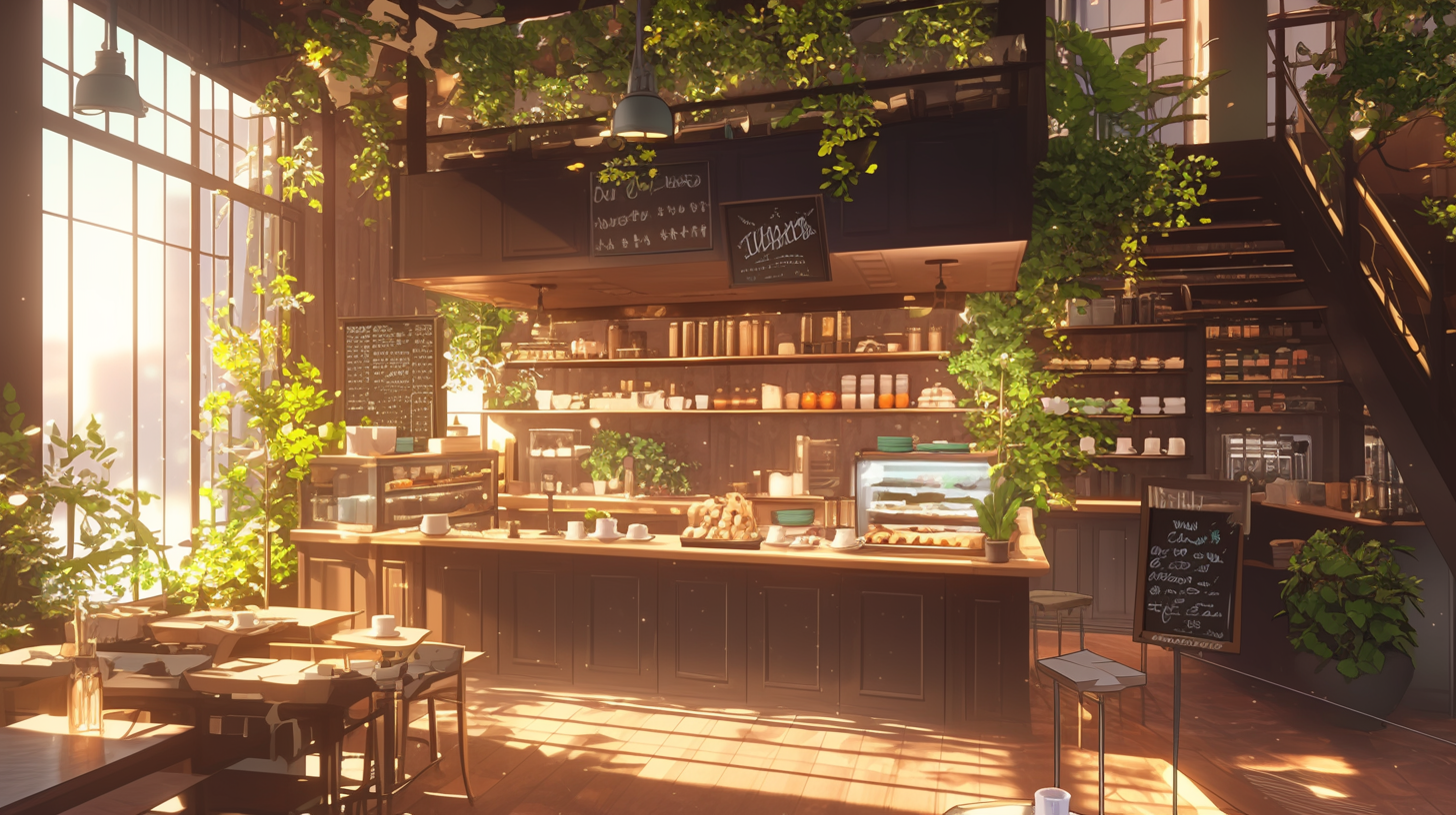 Cozy Coffee Shop Interior with Pastries and Greenery