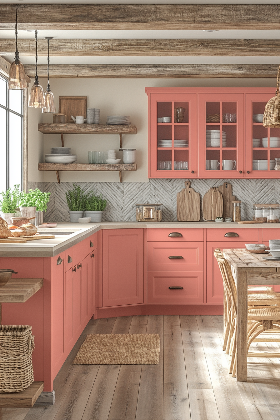 Cozy Coral Charm Kitchen with Farmhouse Vibes