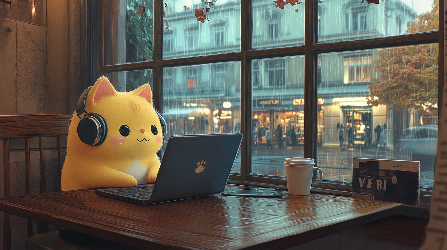 Cozy Ghibli-style Viennese café, chubby cat studies at laptop.