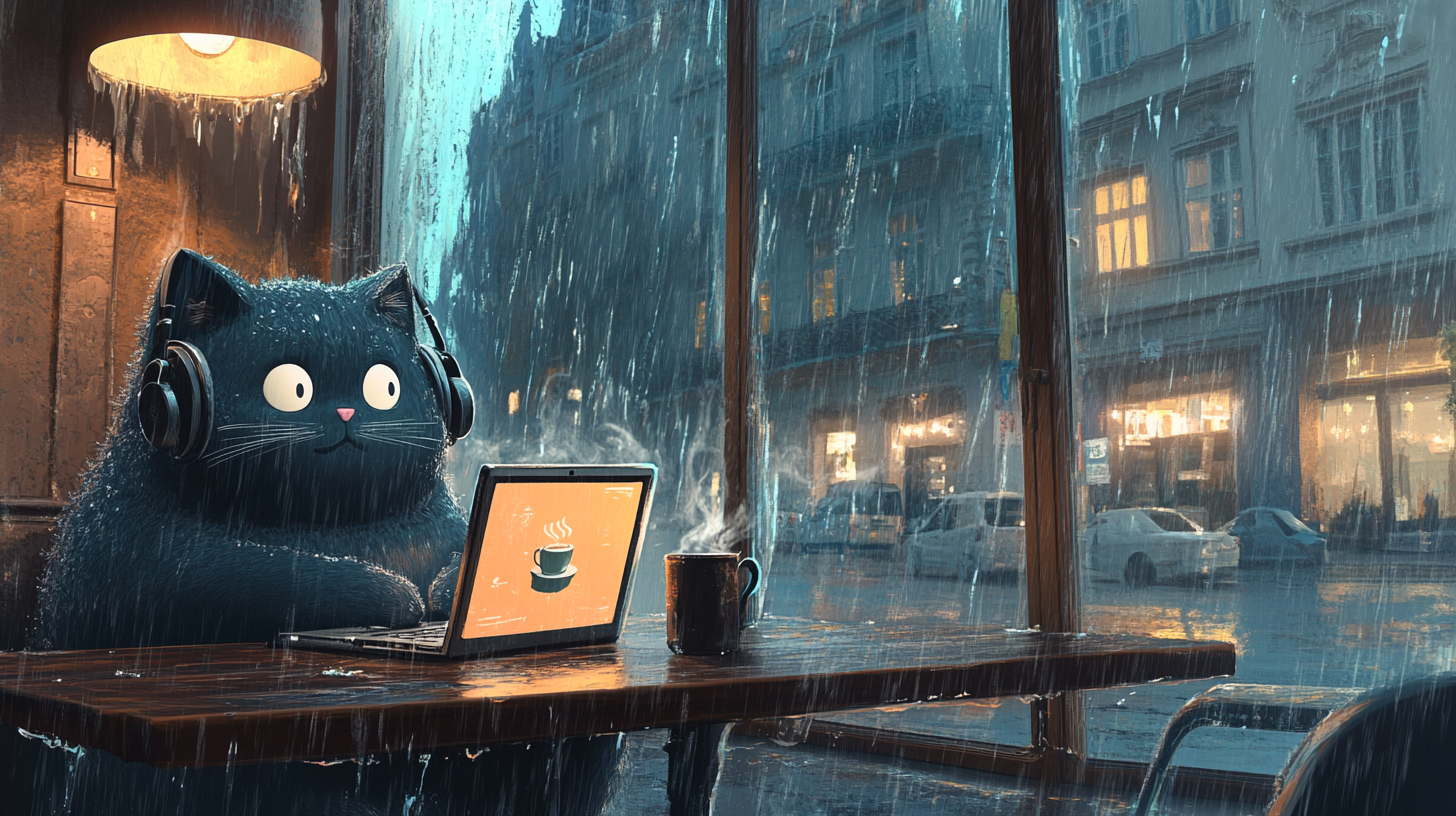 Cozy Ghibli-style Viennese café with cute giant black cat