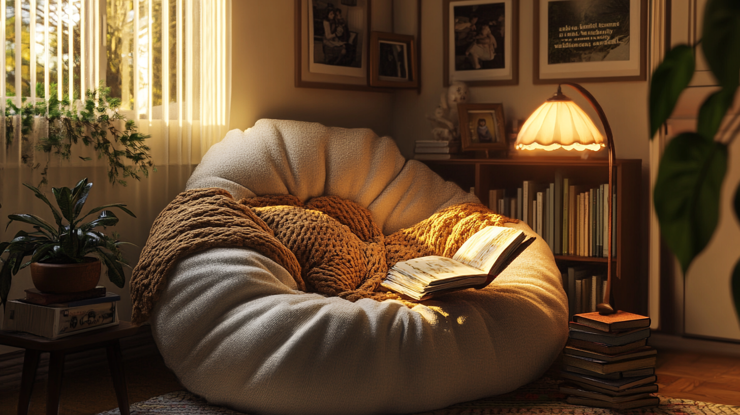 Cozy Ghibli style reading nook with cushions/books/lamp.