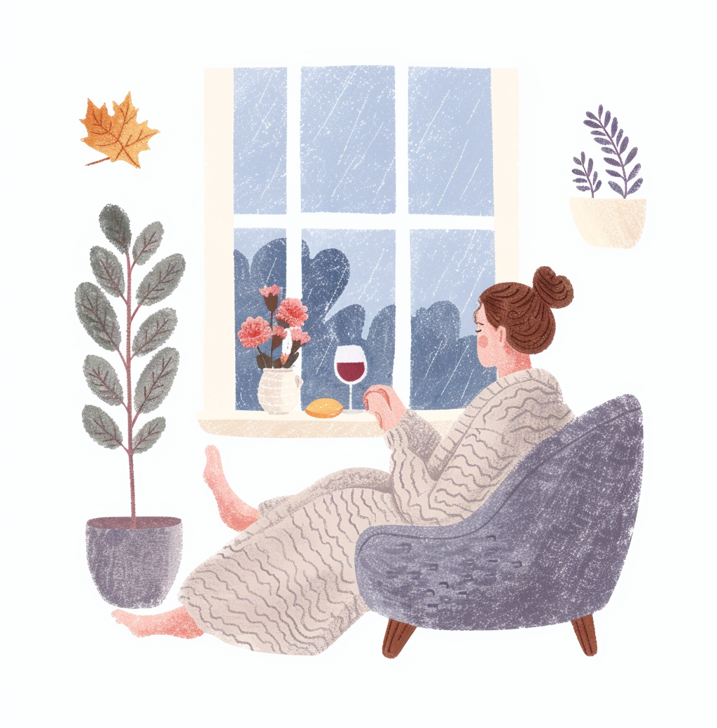 Cozy Girl in Pajamas Lounging with Wine and Autumn Vibes