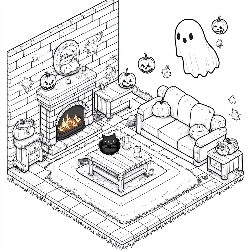 Cozy Halloween living room with jack-o'-lanterns, black cat.