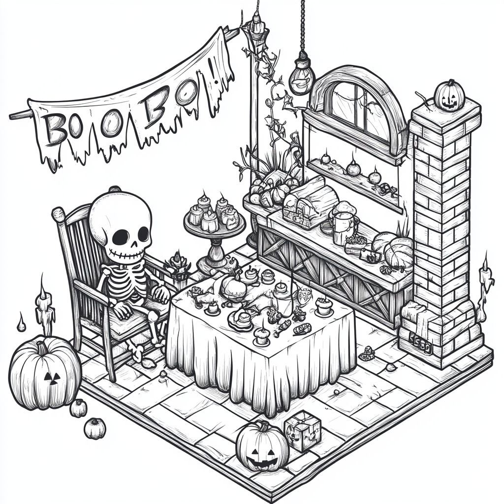 Cozy Halloween party scene with skeleton, treats, 'Boo!' banner.