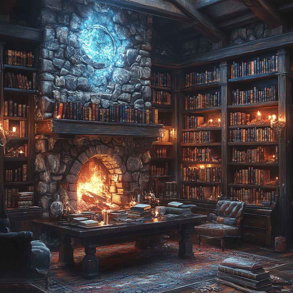 Cozy Icebound Library with Mystical Artifacts and Magical Atmosphere. 