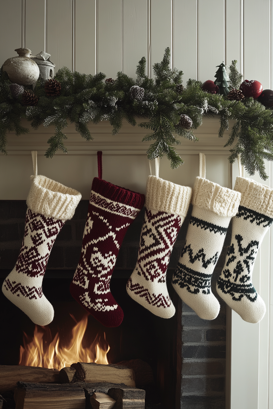 Cozy Knit Stockings Warmly Decorate Holiday Fireplace