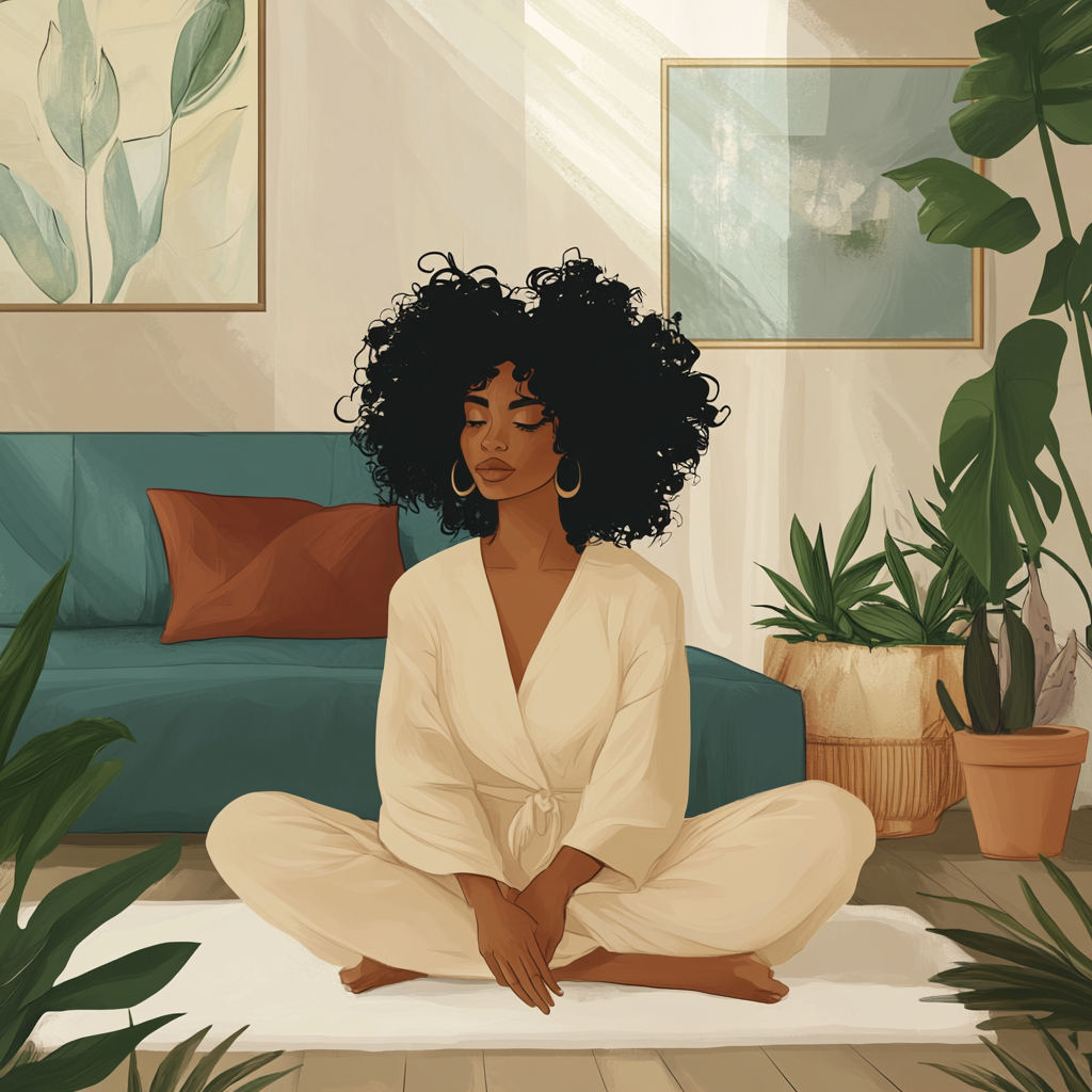 Cozy Living Room Scene with Black Woman 