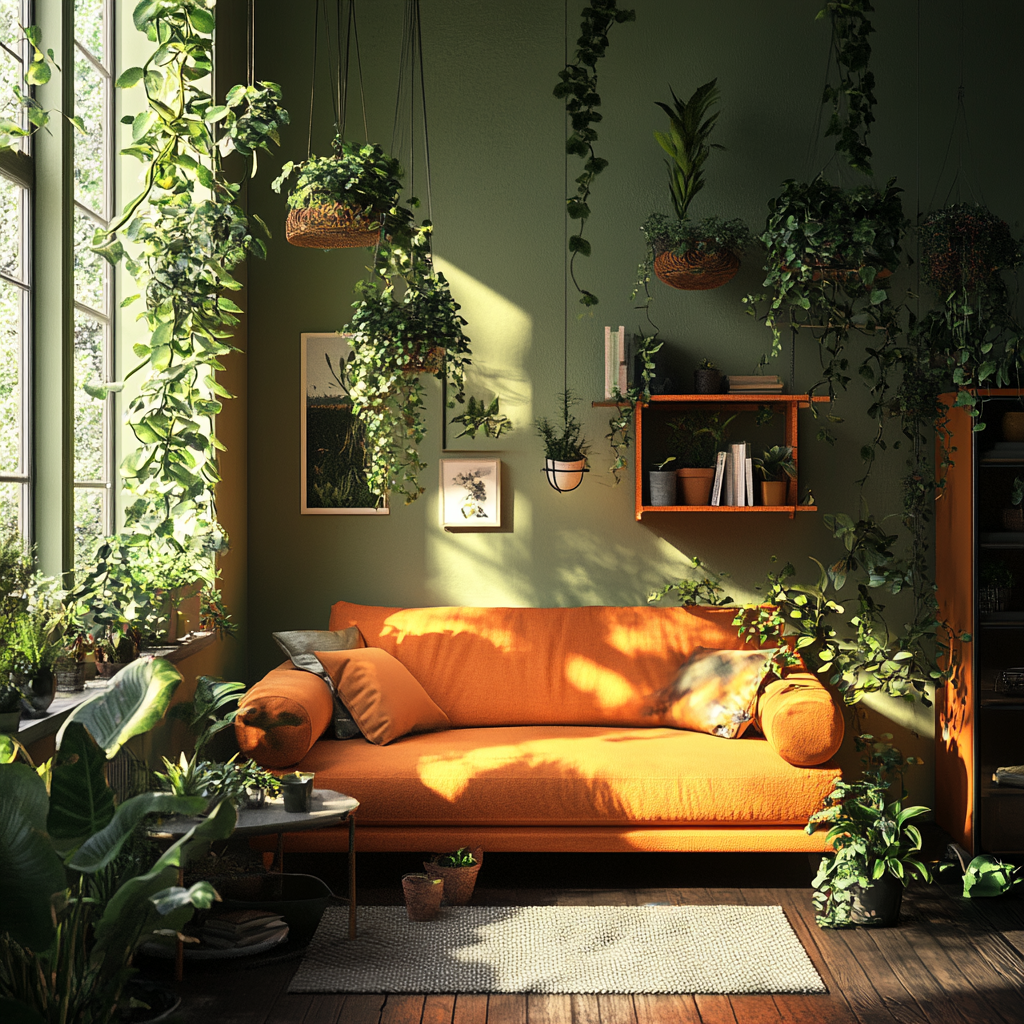 Cozy Living Room with Green, Orange, and Gray Tones