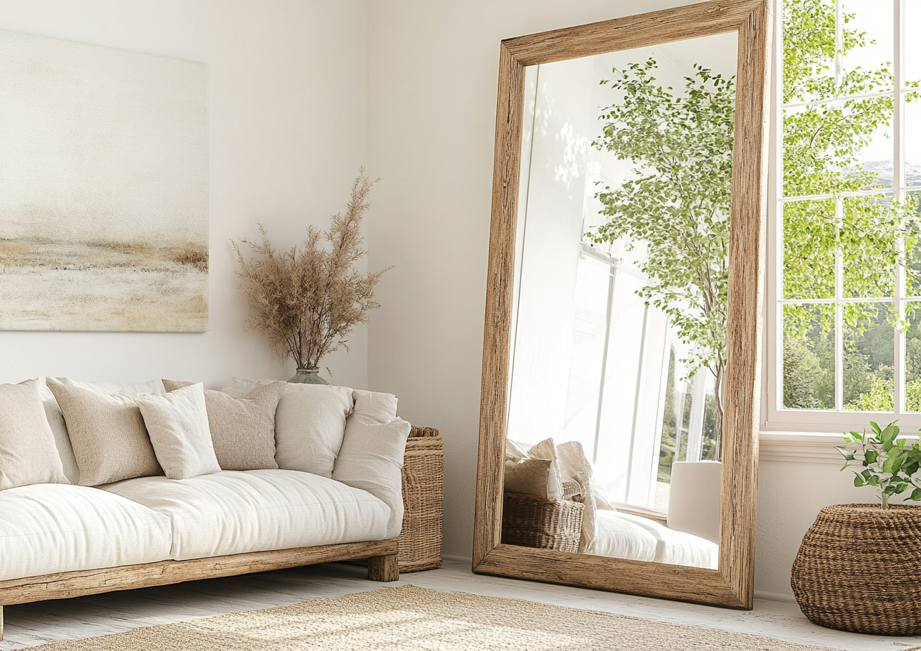 Cozy Living Room with Large Mirror Beside Window