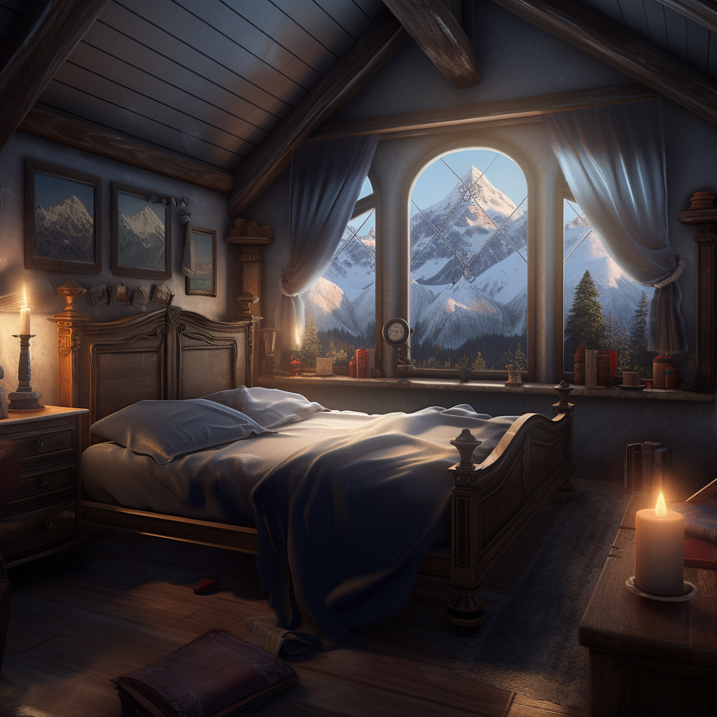 Cozy Nordic Mountain Town Bedroom in Timeless Fantasy World