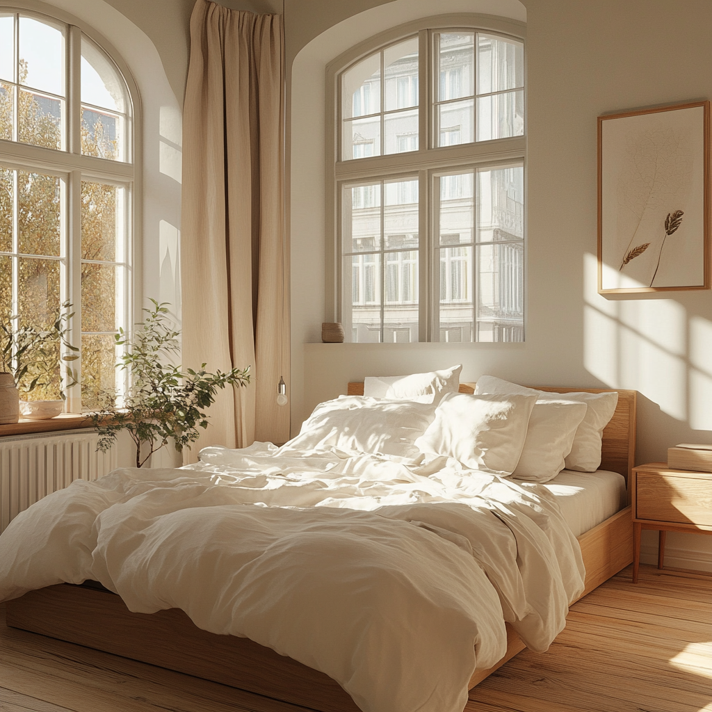 Cozy Nordic bedroom with light wooden furniture.