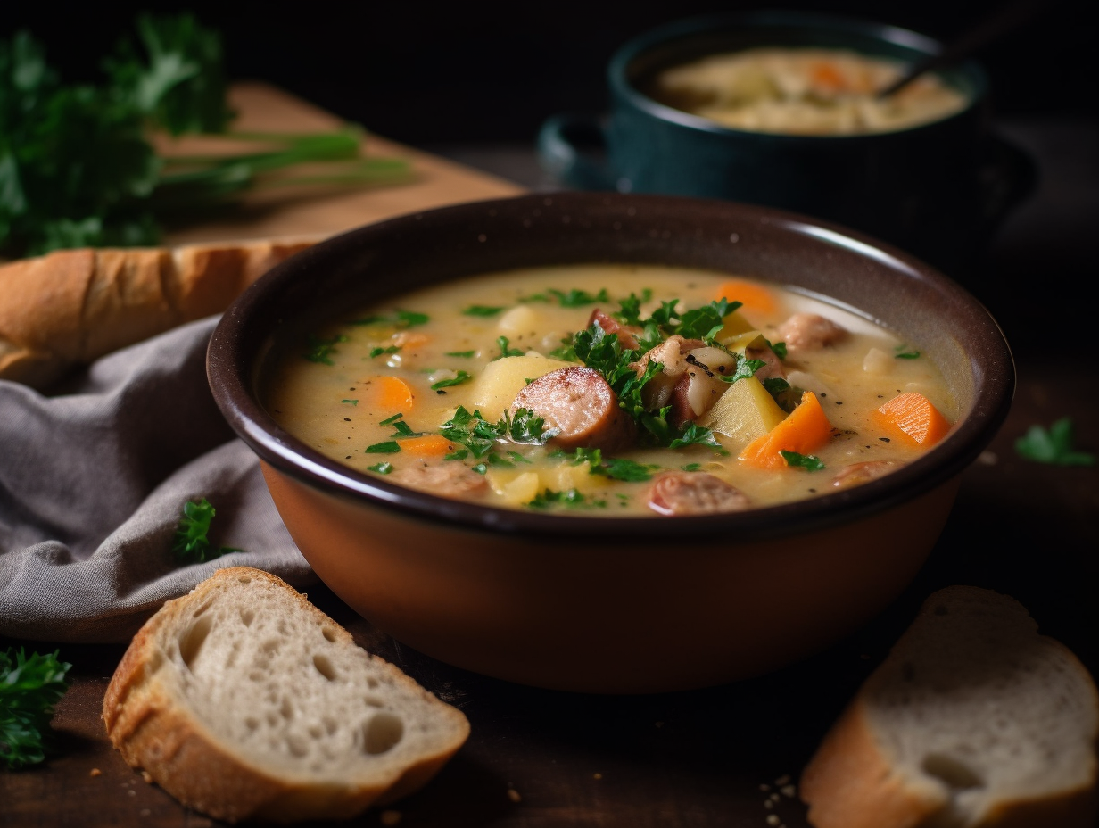 Cozy Potato and Sausage Soup in Rustic Setting