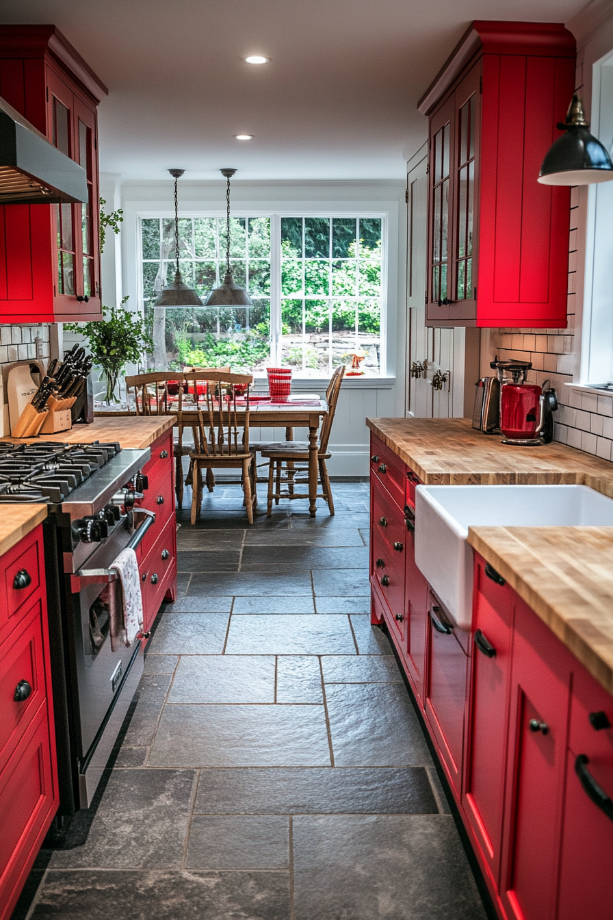 Cozy Red Kitchen with Wooden Table and Chairs