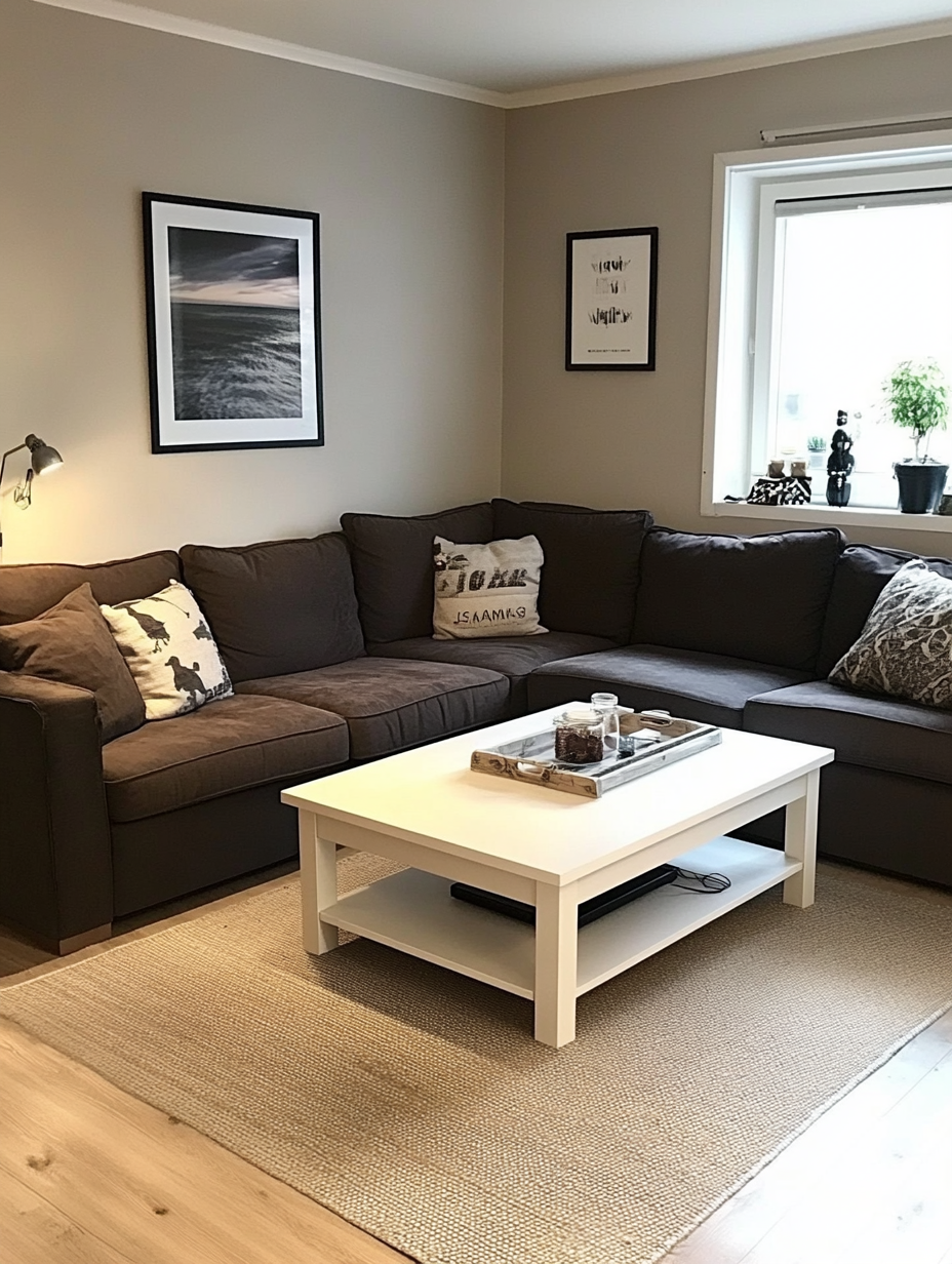 Cozy Scandinavian living room with grey sofa and table