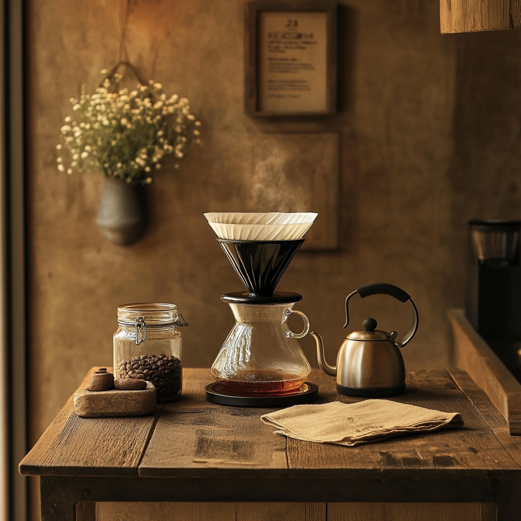 Cozy V60 coffee setup on wooden table